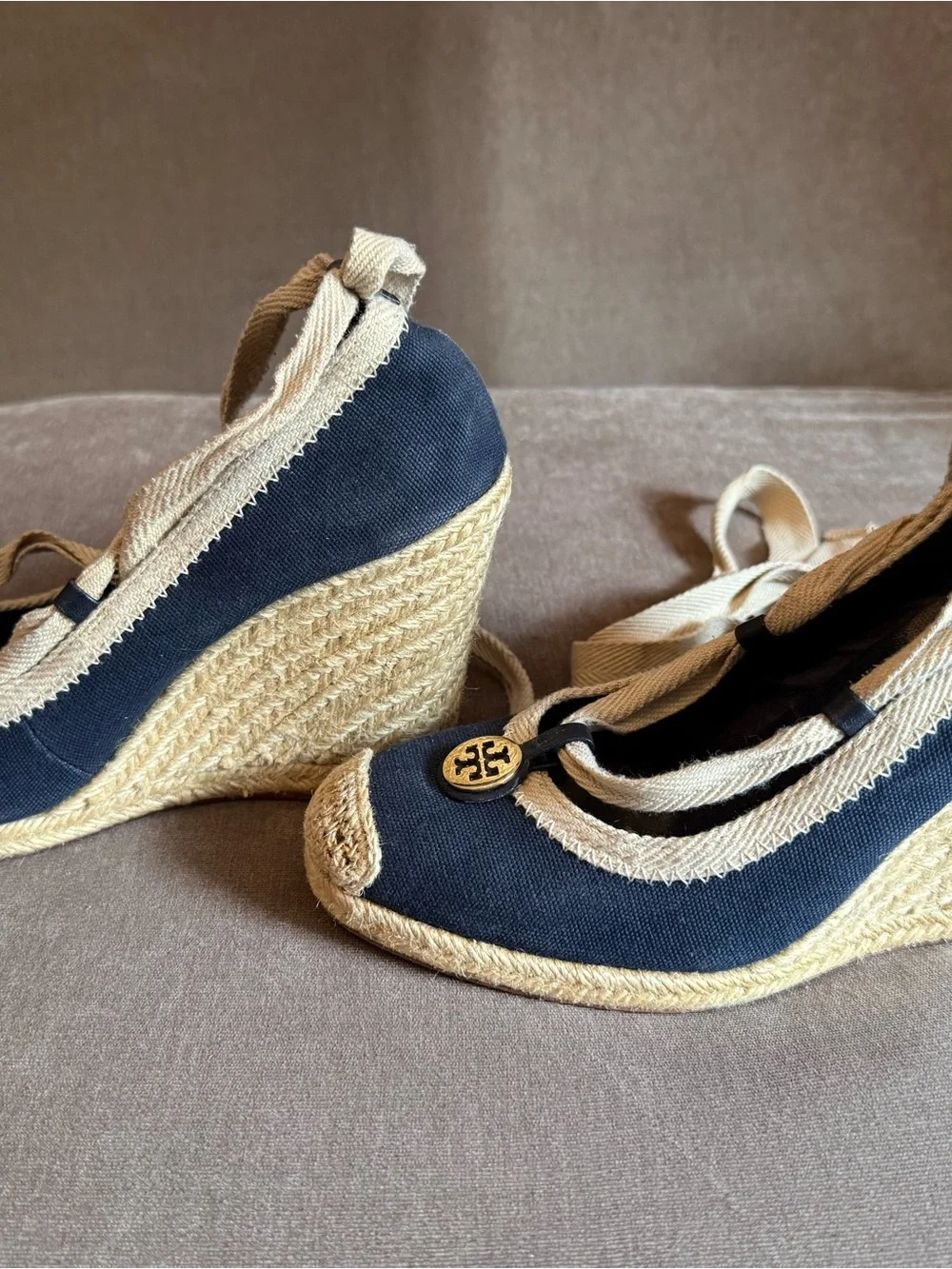 Tory Burch Navy Canvas Espadrilles with Beige Trim and Logo Medallion